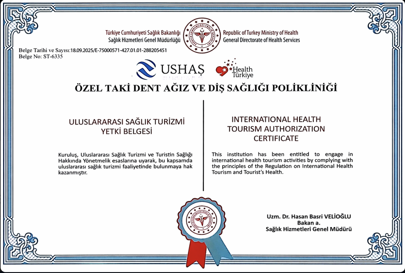 Taki Dent — Turkish Ministry of Health International Health Tourism Authorization certificate ST-6335